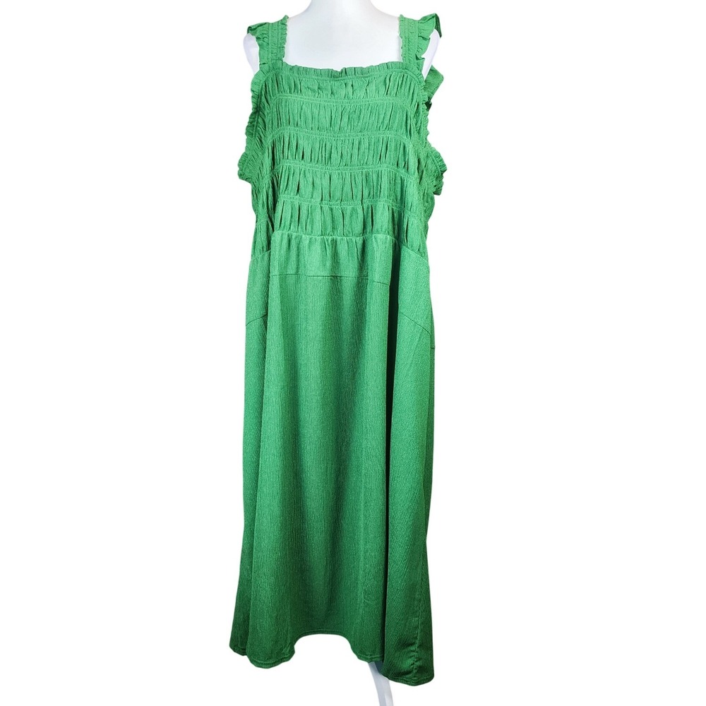 Old Navy Fit Flare Midi Dress Womens 4X Green Smocked Ruffle Stretch Casual NEW